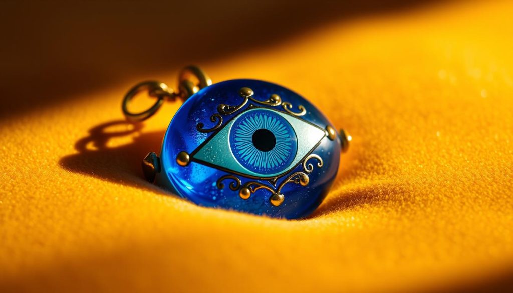 A beautifully crafted blue evil eye charm, its intricate design etched in shimmering hues, rests upon a bed of soft velvet. The eye's intense gaze seems to radiate a protective energy, casting a mesmerizing spell. Delicate golden accents adorn the charm, adding a touch of elegant sophistication. Warm, directional lighting casts gentle shadows, highlighting the charm's depth and texture. The scene is captured in a close-up, medium-angle shot, inviting the viewer to appreciate the charm's captivating allure. This evocative image evokes a sense of mysticism and the power of the blue evil eye to bring good fortune and ward off harm.