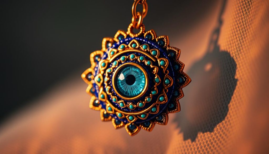 A captivating close-up of an intricate, handcrafted evil eye talisman, rendered in vibrant shades of blue, turquoise, and gold. The exquisite details of the concentric circles and the piercing gaze of the central eye command attention, conveying a sense of mysticism and protection. The talisman is delicately suspended against a softly blurred, ethereal background, illuminated by warm, directional lighting that casts subtle shadows and highlights the textural elements. The overall composition evokes a sense of elegance and spiritual power, perfectly capturing the essence of how to wear this symbolic accessory with personal flair.
