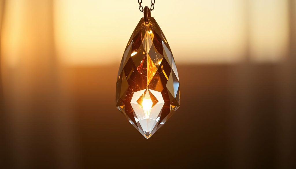 A captivating crystal pendant, cut and polished to exquisite perfection, hangs against a backdrop of warm, diffused light. The crystal's facets catch the glow, refracting it into a mesmerizing dance of radiant sparkles. The pendant is suspended on a delicate, minimalist chain, allowing the crystal to take center stage. The overall composition evokes a sense of refined elegance and subtle mysticism, perfect for adorning a choker-style necklace. Soft shadows and highlights accentuate the pendant's intricate geometry, while a slightly hazy, dreamlike atmosphere lends an air of enchantment to the scene. A captivating crystal pendant, cut and polished to exquisite perfection, hangs against a backdrop of warm, diffused light. The crystal's facets catch the glow, refracting it into a mesmerizing dance of radiant sparkles. The pendant is suspended on a delicate, minimalist chain, allowing the crystal to take center stage. The overall composition evokes a sense of refined elegance and subtle mysticism, perfect for adorning a choker-style necklace. Soft shadows and highlights accentuate the pendant's intricate geometry, while a slightly hazy, dreamlike atmosphere lends an air of enchantment to the scene.