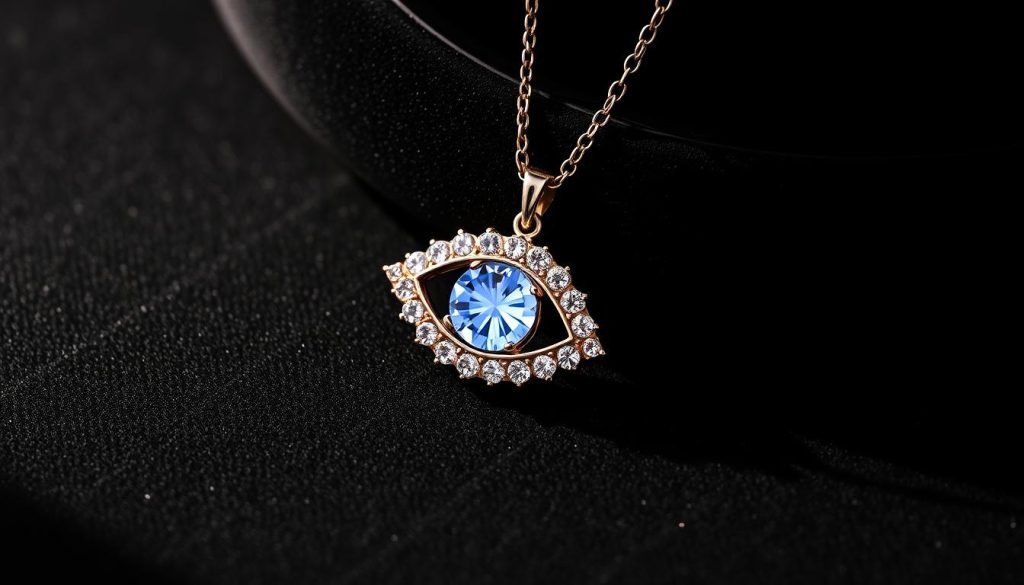 A captivating cubic zirconia evil eye necklace rests against a soft, velvety black background. The pendant, a mesmerizing combination of faceted stones, emits a brilliant glow, casting a warm and alluring light. The necklace's chain is delicate, accentuating the intricate details of the eye-shaped design. Shadows play across the surface, adding depth and dimension. The overall composition conveys a sense of elegance and sophistication, perfectly suited for the article's subject matter. A captivating cubic zirconia evil eye necklace rests against a soft, velvety black background. The pendant, a mesmerizing combination of faceted stones, emits a brilliant glow, casting a warm and alluring light. The necklace's chain is delicate, accentuating the intricate details of the eye-shaped design. Shadows play across the surface, adding depth and dimension. The overall composition conveys a sense of elegance and sophistication, perfectly suited for the article's subject matter.
