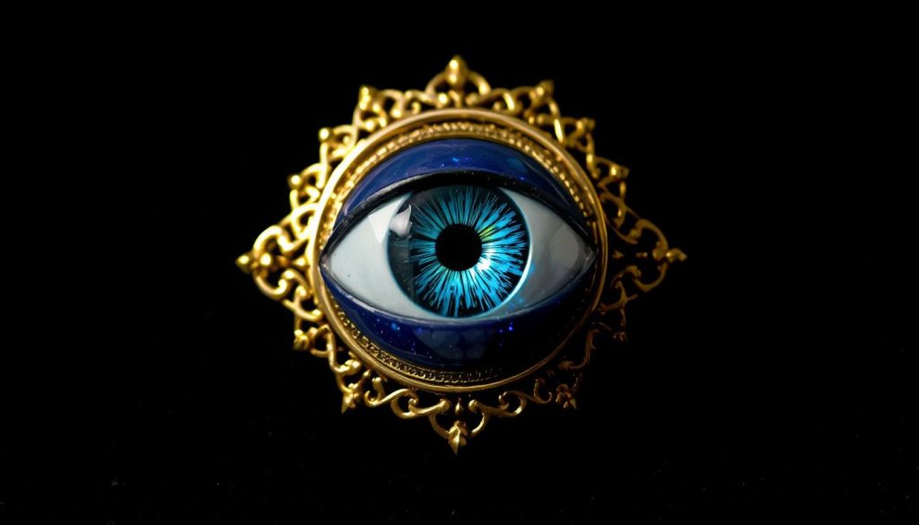 A captivating evil eye, its gaze intense and piercing, nestled within a delicate gold filigree setting. The eye's iris a mesmerizing blend of deep blues and greens, radiating an otherworldly energy. Ethereal golden rays emanate from the eye, casting a protective, enchanting aura. The background is a rich, velvety black, allowing the eye to take center stage, commanding attention. Crisp, high-definition details bring this mystical talisman to life, imbuing it with a sense of power and allure. Precise lighting from an unseen source casts dramatic shadows, heightening the sense of drama and intrigue. This is a gift that both protects and delights, a symbol of ancient wisdom and modern elegance. A captivating evil eye, its gaze intense and piercing, nestled within a delicate gold filigree setting. The eye's iris a mesmerizing blend of deep blues and greens, radiating an otherworldly energy. Ethereal golden rays emanate from the eye, casting a protective, enchanting aura. The background is a rich, velvety black, allowing the eye to take center stage, commanding attention. Crisp, high-definition details bring this mystical talisman to life, imbuing it with a sense of power and allure. Precise lighting from an unseen source casts dramatic shadows, heightening the sense of drama and intrigue. This is a gift that both protects and delights, a symbol of ancient wisdom and modern elegance.