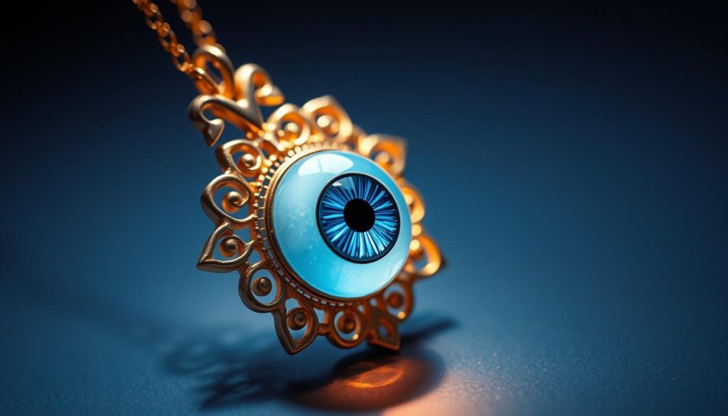 A captivating evil eye pendant, meticulously crafted with intricate details. The focal point, a mesmerizing blue eye, is set against a backdrop of delicate gold filigree. Subtle shadows accentuate the dimensional quality, while gentle lighting casts a warm, alluring glow. The pendant's scale is graceful, with a delicate chain that would elegantly frame the wearer's neck. This image captures the essence of the "Sizing that flatters: find your perfect drop and scale" section, showcasing a pendant that is both visually striking and perfectly proportioned.