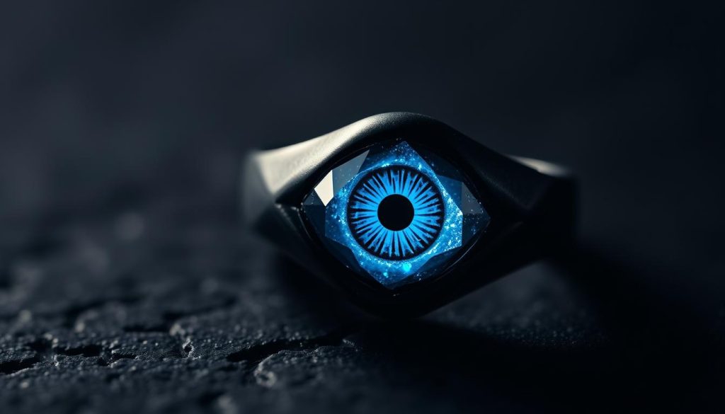 A captivating evil eye ring, crafted with intricate detail, casting an enigmatic glow. The iconic blue and white hues shimmer against a matte black band, imbued with a sense of quiet power. Captured in a high-contrast, moody lighting setup, the ring's faceted surface catches the light, creating mesmerizing reflections that hint at its protective essence. Framed in a close-up composition, the ring's presence dominates the frame, commanding attention and exuding an air of mysticism. The overall atmosphere is one of subtle elegance and subtle, undeniable allure.