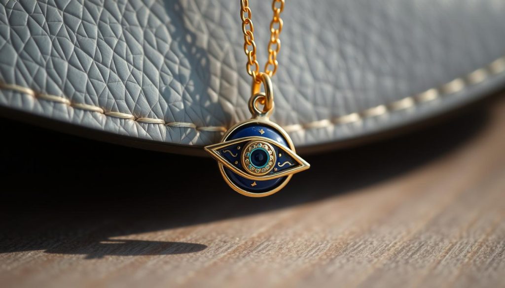 A chic, luxurious evil eye charm dangles elegantly from a delicate gold chain, casting a protective glow. The focal point, a deep blue eye with intricate golden details, is set against a muted background of soft gray leather, hinting at the charm's versatility for everyday wear. Intricate yet understated, the charm emanates a sense of mystical power, ready to shield the wearer from harm during their travels. Crisp, natural lighting from the side accentuates the charm's dimensional design, while a shallow depth of field draws the viewer's attention to the mesmerizing eye motif. This image captures the essence of an empowering travel accessory to be worn with confidence, whether in the office, on the weekend, or on far-flung adventures. A chic, luxurious evil eye charm dangles elegantly from a delicate gold chain, casting a protective glow. The focal point, a deep blue eye with intricate golden details, is set against a muted background of soft gray leather, hinting at the charm's versatility for everyday wear. Intricate yet understated, the charm emanates a sense of mystical power, ready to shield the wearer from harm during their travels. Crisp, natural lighting from the side accentuates the charm's dimensional design, while a shallow depth of field draws the viewer's attention to the mesmerizing eye motif. This image captures the essence of an empowering travel accessory to be worn with confidence, whether in the office, on the weekend, or on far-flung adventures.