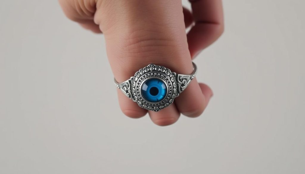 A close-up of a person's hand delicately clasping an ornate, silver evil eye bracelet. The bracelet has intricate filigree and a brilliant blue gemstone in the center, radiating a sense of mystical protection. The hand is positioned against a plain, neutral background, allowing the bracelet to be the focal point. The lighting is soft and diffused, creating a calming and serene atmosphere. The image conveys a sense of tranquility and the bracelet's purpose of warding off negative energy and providing a sense of security and peace. A close-up of a person's hand delicately clasping an ornate, silver evil eye bracelet. The bracelet has intricate filigree and a brilliant blue gemstone in the center, radiating a sense of mystical protection. The hand is positioned against a plain, neutral background, allowing the bracelet to be the focal point. The lighting is soft and diffused, creating a calming and serene atmosphere. The image conveys a sense of tranquility and the bracelet's purpose of warding off negative energy and providing a sense of security and peace.