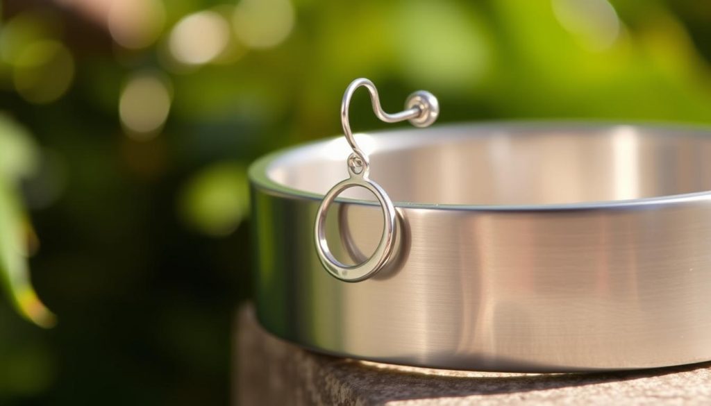 A close-up photo of three pieces of waterproof stainless steel jewelry, captured in natural light. In the foreground, a sleek and minimalist stud earring with a metallic sheen, reflecting the surrounding environment. In the middle ground, a dangle earring with a delicate, curved design that resembles a crescent moon, highlighting the material's durability and tarnish-resistant properties. In the background, a thick, cuff-style bracelet with a brushed finish, showcasing the jewelry's versatility and suitability for everyday wear, even in wet conditions. The overall composition emphasizes the high-quality, low-maintenance nature of the waterproof stainless steel pieces. A close-up photo of three pieces of waterproof stainless steel jewelry, captured in natural light. In the foreground, a sleek and minimalist stud earring with a metallic sheen, reflecting the surrounding environment. In the middle ground, a dangle earring with a delicate, curved design that resembles a crescent moon, highlighting the material's durability and tarnish-resistant properties. In the background, a thick, cuff-style bracelet with a brushed finish, showcasing the jewelry's versatility and suitability for everyday wear, even in wet conditions. The overall composition emphasizes the high-quality, low-maintenance nature of the waterproof stainless steel pieces.