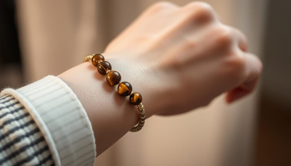 A close-up photograph of a person's wrist, showcasing the fit of a bracelet. The bracelet is made of natural tiger eye stones, with the characteristic rich brown and gold hues. The bracelet sits comfortably on the wrist, neither too tight nor too loose, creating a harmonious and stylish accessory. Soft, diffused lighting illuminates the scene, highlighting the texture and details of the bracelet. The background is blurred, placing the focus solely on the wrist and the bracelet. The overall mood is one of elegance, comfort, and attention to detail, reflecting the care and consideration put into selecting the right size and fit for the wearer. A close-up photograph of a person's wrist, showcasing the fit of a bracelet. The bracelet is made of natural tiger eye stones, with the characteristic rich brown and gold hues. The bracelet sits comfortably on the wrist, neither too tight nor too loose, creating a harmonious and stylish accessory. Soft, diffused lighting illuminates the scene, highlighting the texture and details of the bracelet. The background is blurred, placing the focus solely on the wrist and the bracelet. The overall mood is one of elegance, comfort, and attention to detail, reflecting the care and consideration put into selecting the right size and fit for the wearer.