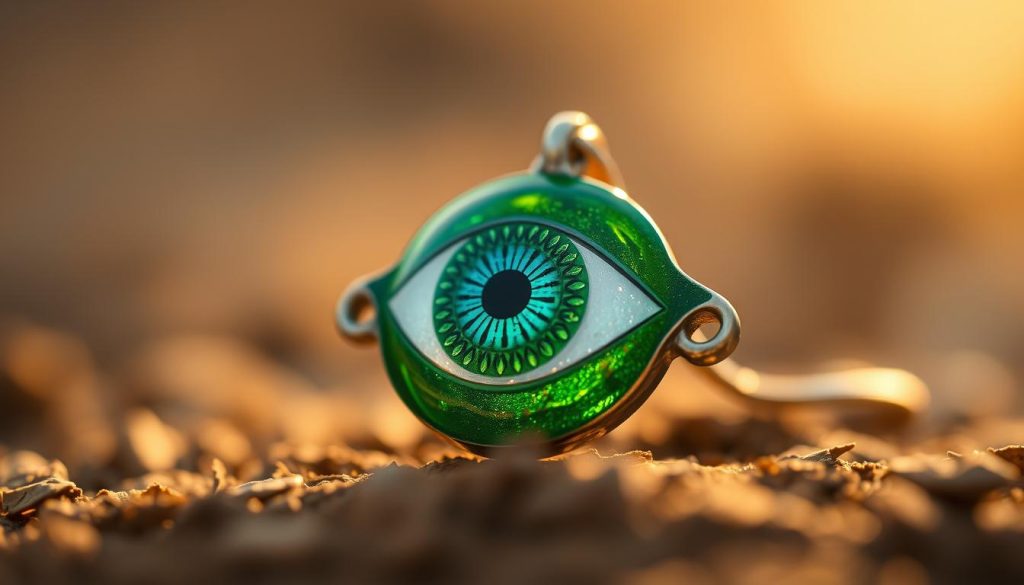 A close-up shot of a green evil eye amulet, its iridescent surface reflecting the soft, warm light. The eye is positioned in the center, its intricate patterns radiating outward, conveying a sense of protection and watchfulness. In the background, a blurred, earthy-toned backdrop suggests a natural, serene setting, emphasizing the amulet's symbolic connection to growth, balance, and the cycle of life. The overall composition exudes a sense of care, respect, and thoughtful contemplation, inviting the viewer to appreciate the deeper meaning behind this ancient and powerful symbol.