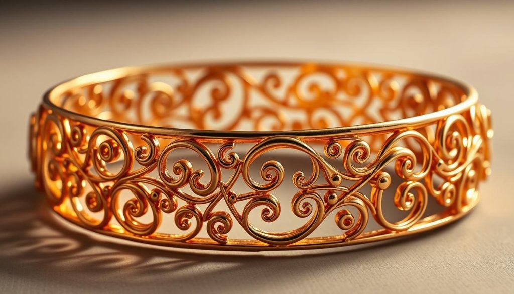 A close-up shot of a luxurious gold bracelet, its surface gleaming in soft, warm lighting. The bracelet features intricate filigree patterns, with delicate swirls and curves that capture the essence of artisanal craftsmanship. The metal has a rich, burnished hue, suggesting the high quality and attention to detail in its creation. The bracelet is photographed against a neutral, minimalist background, allowing the craftsmanship to take center stage and showcasing the bracelet's elegant and timeless design.