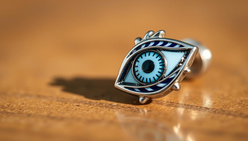 A close-up shot of a silver-toned eye-shaped stud earring. The stud features a detailed enamel eye design with intricate patterns and swirls of bold blue and white hues. The earring is captured with a shallow depth of field, placing the eye detail in sharp focus against a softly blurred background. Warm, natural lighting illuminates the shiny metallic surface, creating subtle highlights and reflections. The composition emphasizes the sculptural, three-dimensional quality of the stud, allowing the viewer to appreciate the textures and tactile nature of the enamel work.