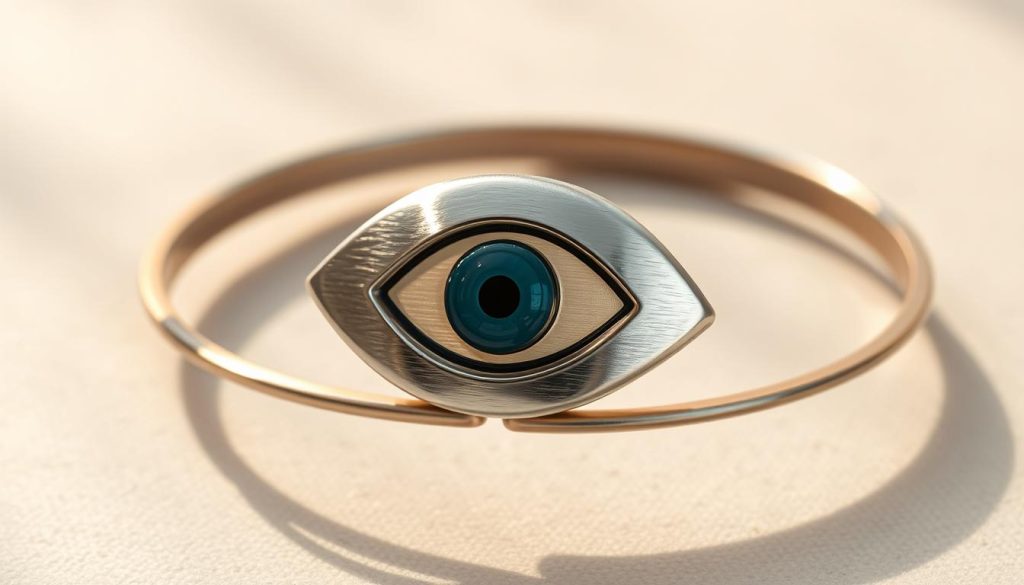 A close-up shot of a sleek, modern evil eye bangle with a captivating metallic sheen. The bangle's smooth, curved surface reflects the light, creating mesmerizing highlights and shadows. The eye symbol, rendered in a bold, minimalist design, sits at the center, exuding an air of mystical protection. The bangle is set against a soft, blurred background, allowing the accessory to take center stage. Subtle, natural lighting casts a warm, inviting glow, highlighting the bangle's elegant simplicity and everyday wearability. The overall composition conveys a sense of refined, contemporary style, seamlessly blending the ancient tradition of the evil eye with a modern, fashion-forward aesthetic.