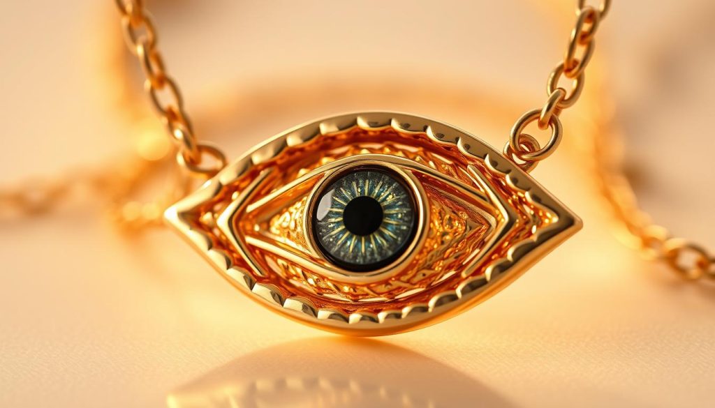 A close-up shot of a stunning 14K solid gold evil eye necklace, captured in warm, soft lighting. The delicate, intricate craftsmanship of the eye pendant is showcased, with precise attention to detail in the textured, hammered surface and the gleaming gold setting. The necklace's chain is 18K gold vermeil, adding a luxurious, high-end touch. The overall composition emphasizes the necklace's timeless elegance and heirloom-quality construction, conveying a sense of refined sophistication and enduring craftsmanship.