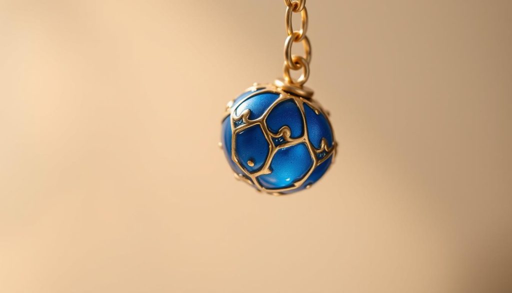 A close-up shot of an elegantly crafted blue enamel charm, its surface glistening with a mesmerizing golden hue. The charm is suspended in a soft, diffused lighting, casting gentle shadows that accentuate its intricate details. The charm is the focal point, occupying the center of the frame, with a blurred, ethereal background that allows the beauty of the object to shine. The overall mood is one of refined sophistication, inviting the viewer to appreciate the craftsmanship and captivating allure of this enchanting piece of jewelry. A close-up shot of an elegantly crafted blue enamel charm, its surface glistening with a mesmerizing golden hue. The charm is suspended in a soft, diffused lighting, casting gentle shadows that accentuate its intricate details. The charm is the focal point, occupying the center of the frame, with a blurred, ethereal background that allows the beauty of the object to shine. The overall mood is one of refined sophistication, inviting the viewer to appreciate the craftsmanship and captivating allure of this enchanting piece of jewelry.