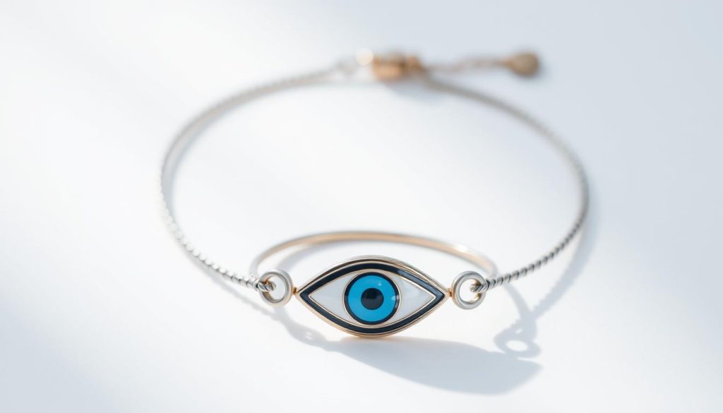 A close-up shot of an evil eye bracelet against a clean, minimalist background. The bracelet features a striking blue-and-white eye design, with intricate details that capture the mystical and protective nature of the evil eye symbol. The lighting is soft and diffused, casting gentle shadows that accentuate the three-dimensional form of the bracelet. The composition is balanced and centered, allowing the evil eye to be the focal point. The overall mood is one of elegance, sophistication, and subtle power, conveying the respectful and thoughtful way to wear this culturally significant piece of jewelry. A close-up shot of an evil eye bracelet against a clean, minimalist background. The bracelet features a striking blue-and-white eye design, with intricate details that capture the mystical and protective nature of the evil eye symbol. The lighting is soft and diffused, casting gentle shadows that accentuate the three-dimensional form of the bracelet. The composition is balanced and centered, allowing the evil eye to be the focal point. The overall mood is one of elegance, sophistication, and subtle power, conveying the respectful and thoughtful way to wear this culturally significant piece of jewelry.