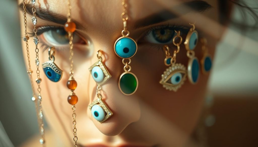 A close-up shot of various eye jewelry pieces stacked and layered on a model's eyes, captured in soft, diffused lighting. The foreground features delicate metallic eye chains, ornamented with sparkling gemstones, creating an ethereal, mystical effect. The middle ground showcases a mix of eye-shaped pendants and charms in different shades of blue, green, and amber, symbolizing the diverse protective powers of the evil eye. The background is hazy and blurred, allowing the eye jewelry to be the focal point. The overall mood is one of elegance, subtlety, and the harmonious blending of fashion and spiritual symbolism. A close-up shot of various eye jewelry pieces stacked and layered on a model's eyes, captured in soft, diffused lighting. The foreground features delicate metallic eye chains, ornamented with sparkling gemstones, creating an ethereal, mystical effect. The middle ground showcases a mix of eye-shaped pendants and charms in different shades of blue, green, and amber, symbolizing the diverse protective powers of the evil eye. The background is hazy and blurred, allowing the eye jewelry to be the focal point. The overall mood is one of elegance, subtlety, and the harmonious blending of fashion and spiritual symbolism.