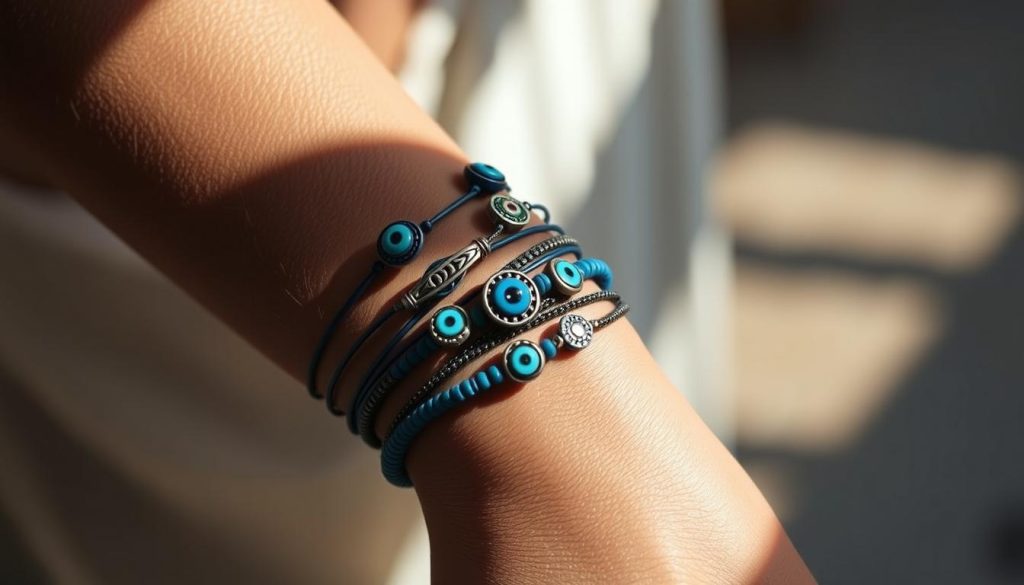 A close-up view of a person's arm adorned with a stack of intricate evil eye bracelets. The foreground features the wrist and lower arm, with the bracelets displayed prominently. The bracelets are in various shades of blue, with intricate patterns and designs that evoke the ancient symbolism of the evil eye. The lighting is soft and natural, casting gentle shadows that accentuate the textures and details of the bracelets. The background is blurred, keeping the focus on the wrist and the stacking of the bracelets. The overall mood is one of mysticism and protection, reflecting the cultural significance of the evil eye in various traditions. A close-up view of a person's arm adorned with a stack of intricate evil eye bracelets. The foreground features the wrist and lower arm, with the bracelets displayed prominently. The bracelets are in various shades of blue, with intricate patterns and designs that evoke the ancient symbolism of the evil eye. The lighting is soft and natural, casting gentle shadows that accentuate the textures and details of the bracelets. The background is blurred, keeping the focus on the wrist and the stacking of the bracelets. The overall mood is one of mysticism and protection, reflecting the cultural significance of the evil eye in various traditions.