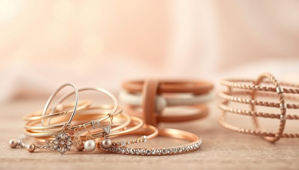 A collection of delicate, shimmering gift bracelets for women. In the foreground, a grouping of dainty, intricately crafted bangles in silver, gold, and rose gold, accented with sparkling gemstones, charms, and intricate beadwork. In the middle ground, a mix of elegant leather and thread-wrapped cuffs in soothing neutral tones. The background features a softly blurred, ethereal backdrop, creating a serene, dreamlike ambiance. Warm, diffused lighting casts a gentle glow, highlighting the luxurious textures and refined details of the thoughtful, feminine accessories. Captured with a shallow depth of field to focus attention on the beautiful bracelets, the overall mood is one of sophisticated charm and timeless beauty.