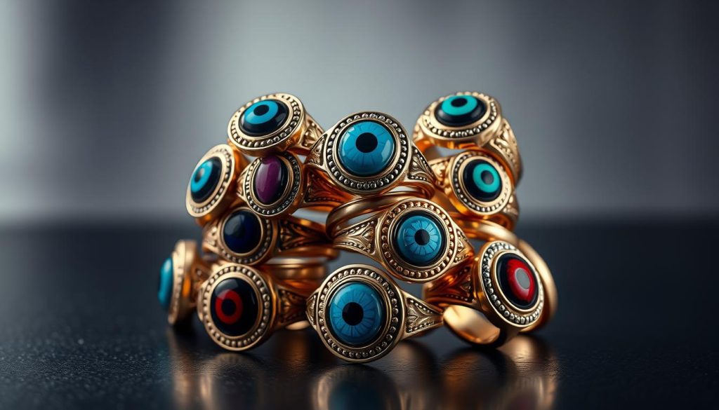 A collection of elegant evil eye signet rings stacked with precision, casting an alluring gaze against a softly diffused backdrop. The rings, crafted with intricate details and inlaid with vibrant hues, are arranged in a balanced, artistic composition that commands attention. Dramatic side lighting accentuates the depth and dimension of the stacked design, creating a sense of presence and authority. The overall atmosphere is one of refined sophistication, where the wearer's individual style shines through the powerful symbolism of the evil eye motif. A collection of elegant evil eye signet rings stacked with precision, casting an alluring gaze against a softly diffused backdrop. The rings, crafted with intricate details and inlaid with vibrant hues, are arranged in a balanced, artistic composition that commands attention. Dramatic side lighting accentuates the depth and dimension of the stacked design, creating a sense of presence and authority. The overall atmosphere is one of refined sophistication, where the wearer's individual style shines through the powerful symbolism of the evil eye motif.