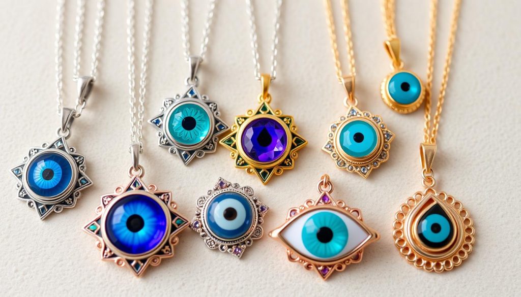 A collection of elegant, high-quality evil eye pendants and bracelets, photographed against a neutral background with soft, even lighting. The jewelry is made of sterling silver, gold, or rose gold, adorned with delicate filigree patterns and sparkling gemstones. The eyes are rendered in vivid shades of blue, purple, and turquoise, conveying a sense of mystical power and protection. The image captures the intricate craftsmanship and attention to detail that distinguishes premium evil eye jewelry, suitable for everyday wear or special occasions. A collection of elegant, high-quality evil eye pendants and bracelets, photographed against a neutral background with soft, even lighting. The jewelry is made of sterling silver, gold, or rose gold, adorned with delicate filigree patterns and sparkling gemstones. The eyes are rendered in vivid shades of blue, purple, and turquoise, conveying a sense of mystical power and protection. The image captures the intricate craftsmanship and attention to detail that distinguishes premium evil eye jewelry, suitable for everyday wear or special occasions.