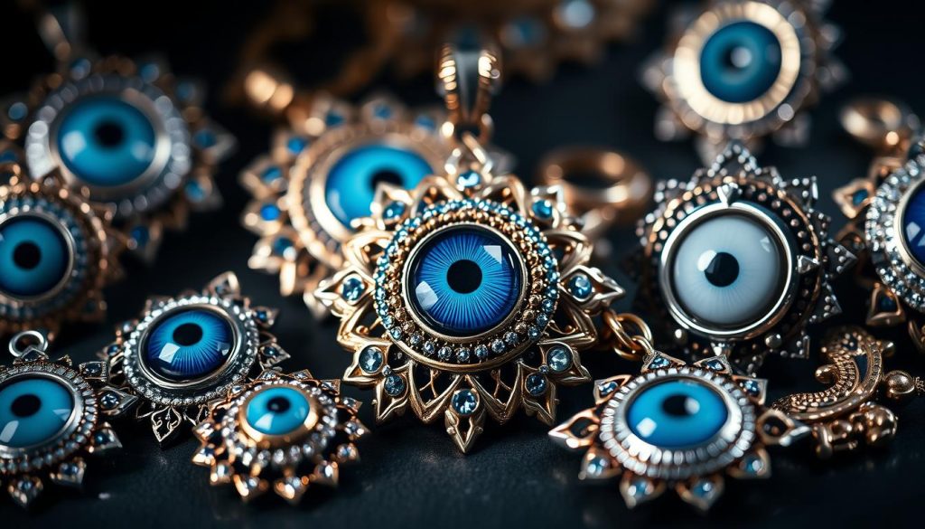 A collection of intricate evil eye jewelry pieces, meticulously crafted with a mix of precious metals, gemstones, and enamel. The focal point is a vibrant, piercing blue eye motif, surrounded by delicate filigree and ornate designs. The jewelry is captured in a dimly lit, atmospheric setting, creating a sense of mystique and cultural significance. Soft lighting from multiple angles casts subtle shadows, emphasizing the dimensional details and the captivating gaze of the evil eye. The overall composition evokes the belief, tradition, and symbolic power associated with this ancient talisman. A collection of intricate evil eye jewelry pieces, meticulously crafted with a mix of precious metals, gemstones, and enamel. The focal point is a vibrant, piercing blue eye motif, surrounded by delicate filigree and ornate designs. The jewelry is captured in a dimly lit, atmospheric setting, creating a sense of mystique and cultural significance. Soft lighting from multiple angles casts subtle shadows, emphasizing the dimensional details and the captivating gaze of the evil eye. The overall composition evokes the belief, tradition, and symbolic power associated with this ancient talisman.