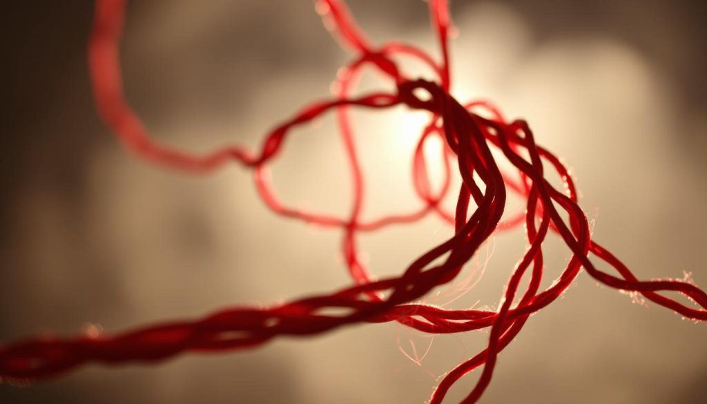 A crimson red string, gently winding and twisting, casting soft shadows and highlights across the frame. In the foreground, the string's intricate texture and subtle variations in shade come into focus, drawing the eye inward. The middle ground features the string looping and curling, creating a sense of fluid motion and depth. In the background, the string fades into a hazy, atmospheric setting, with muted tones and a warm, inviting ambiance. Captured through a wide-angle lens, the image conveys a tactile, intimate feel, inviting the viewer to reach out and touch the enchanting, mystical crimson thread. A crimson red string, gently winding and twisting, casting soft shadows and highlights across the frame. In the foreground, the string's intricate texture and subtle variations in shade come into focus, drawing the eye inward. The middle ground features the string looping and curling, creating a sense of fluid motion and depth. In the background, the string fades into a hazy, atmospheric setting, with muted tones and a warm, inviting ambiance. Captured through a wide-angle lens, the image conveys a tactile, intimate feel, inviting the viewer to reach out and touch the enchanting, mystical crimson thread.