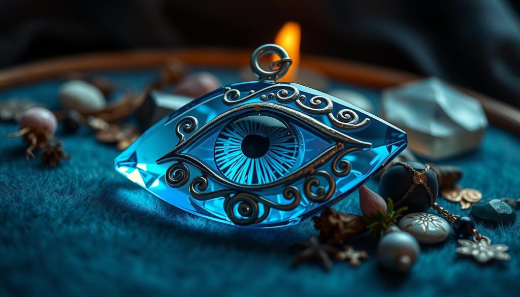 A crystal blue eye charm rests on a plush, velvet-lined surface, its gleaming surface reflecting soft, diffused lighting. The charm's intricate detailing - swirling patterns, flecks of gold, and a mesmerizing central pupil - commands attention. Surrounding the eye is an arrangement of polished stones, herbs, and charms, each imbued with protective energies. The overall composition evokes a sense of mysticism and ancient rituals, inviting the viewer to experience the sacred power of this talisman. A shallow depth of field keeps the focus on the eye, while a moody, atmospheric backdrop suggests a hidden, otherworldly realm. A crystal blue eye charm rests on a plush, velvet-lined surface, its gleaming surface reflecting soft, diffused lighting. The charm's intricate detailing - swirling patterns, flecks of gold, and a mesmerizing central pupil - commands attention. Surrounding the eye is an arrangement of polished stones, herbs, and charms, each imbued with protective energies. The overall composition evokes a sense of mysticism and ancient rituals, inviting the viewer to experience the sacred power of this talisman. A shallow depth of field keeps the focus on the eye, while a moody, atmospheric backdrop suggests a hidden, otherworldly realm.