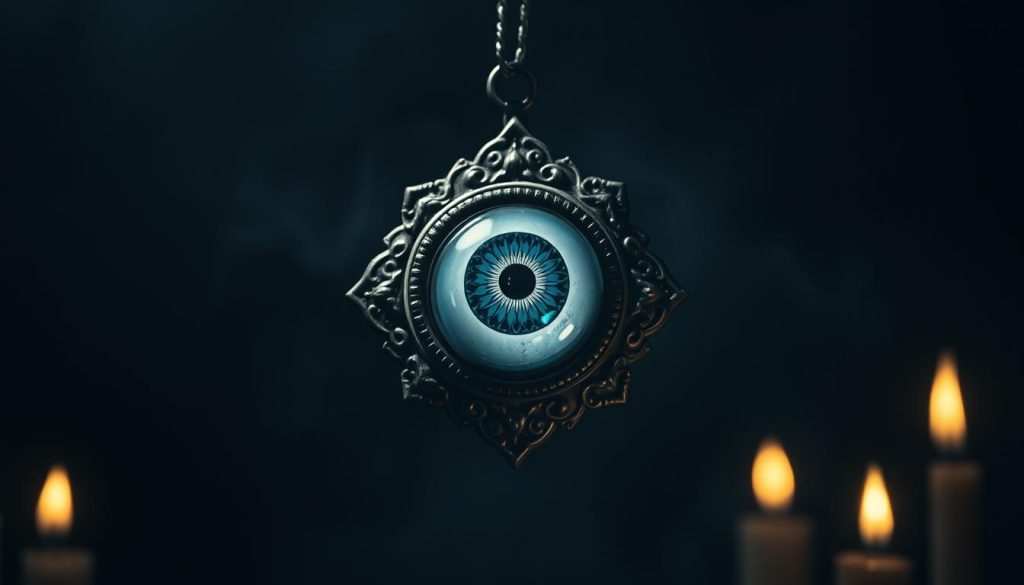 A dark, ornate antique evil eye amulet floating in a shadowy, mystical realm. The intricate glass or ceramic eye is set in a detailed metal or stone frame, casting a piercing gaze. Flickering candlelight illuminates the object from below, creating a haunting, ominous atmosphere. The background is obscured in deep, inky blackness, keeping the focus solely on the captivating, centuries-old talisman. Hints of ancient Mesopotamian or Greco-Roman influences are visible in the amulet's design, hinting at its deep historical roots. A sense of arcane, timeless power emanates from the sinister yet mesmerizing evil eye. A dark, ornate antique evil eye amulet floating in a shadowy, mystical realm. The intricate glass or ceramic eye is set in a detailed metal or stone frame, casting a piercing gaze. Flickering candlelight illuminates the object from below, creating a haunting, ominous atmosphere. The background is obscured in deep, inky blackness, keeping the focus solely on the captivating, centuries-old talisman. Hints of ancient Mesopotamian or Greco-Roman influences are visible in the amulet's design, hinting at its deep historical roots. A sense of arcane, timeless power emanates from the sinister yet mesmerizing evil eye.