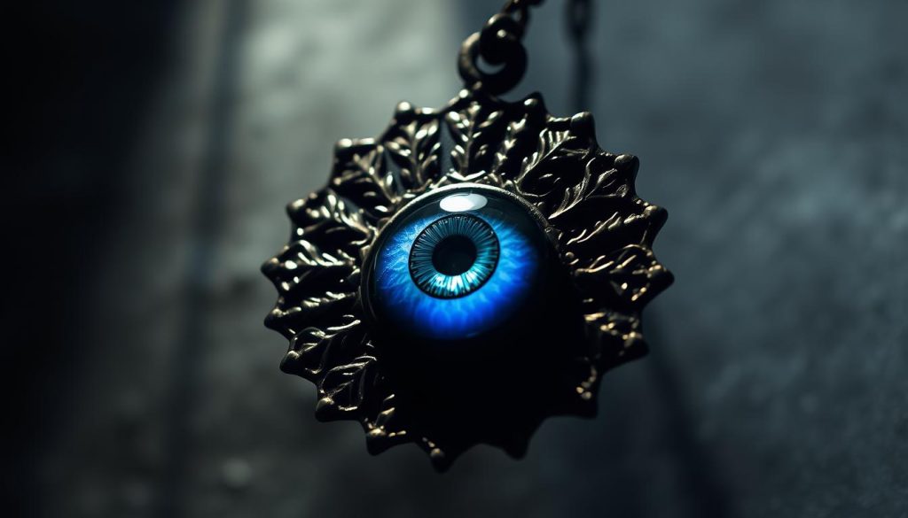 A dark, ornate evil eye amulet, its intricate design etched in shades of blue and gold. The eye sits within a radiant sunburst pattern, casting an ominous yet mesmerizing glow. Shadows play across the surface, lending depth and mystery. The amulet hovers against a hazy, ethereal backdrop, suggesting a sense of ancient power and mysticism. Dramatic chiaroscuro lighting accentuates the talisman's bold, symbolic forms, creating an atmosphere of both allure and unease. The image evokes the eye's enduring cultural significance as a protective charm, as well as the complex personal intentions and beliefs that surround its modern usage. A dark, ornate evil eye amulet, its intricate design etched in shades of blue and gold. The eye sits within a radiant sunburst pattern, casting an ominous yet mesmerizing glow. Shadows play across the surface, lending depth and mystery. The amulet hovers against a hazy, ethereal backdrop, suggesting a sense of ancient power and mysticism. Dramatic chiaroscuro lighting accentuates the talisman's bold, symbolic forms, creating an atmosphere of both allure and unease. The image evokes the eye's enduring cultural significance as a protective charm, as well as the complex personal intentions and beliefs that surround its modern usage.