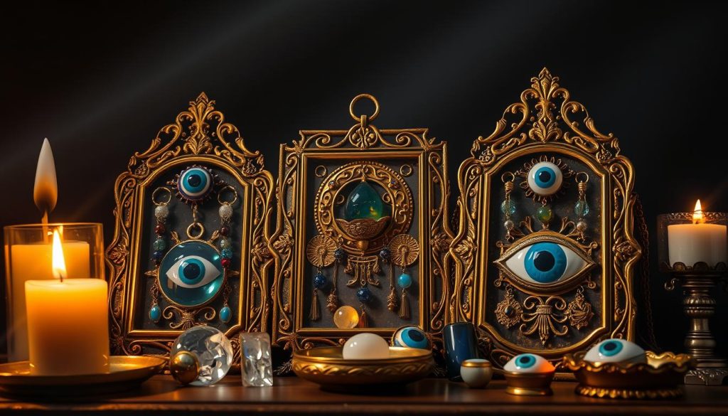 A dazzling arrangement of mystical amulets, charms, and talismans against the evil eye, illuminated by warm candlelight and set against a dark, moody backdrop. Ornate golden frames, inlaid with intricate symbols, hold glimmering glass beads, polished stones, and shimmering metallic accents. Rays of soft light cast a serene, protective glow, highlighting the intricate details and the aura of ancient power surrounding these potent guardians. The scene evokes a sense of timeless tradition and the unwavering determination to ward off negative energies, creating an atmosphere of tranquil security and spiritual cleansing. A dazzling arrangement of mystical amulets, charms, and talismans against the evil eye, illuminated by warm candlelight and set against a dark, moody backdrop. Ornate golden frames, inlaid with intricate symbols, hold glimmering glass beads, polished stones, and shimmering metallic accents. Rays of soft light cast a serene, protective glow, highlighting the intricate details and the aura of ancient power surrounding these potent guardians. The scene evokes a sense of timeless tradition and the unwavering determination to ward off negative energies, creating an atmosphere of tranquil security and spiritual cleansing.