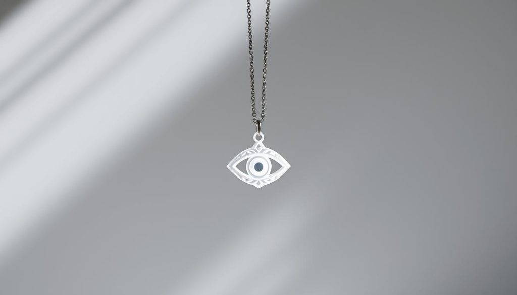 A delicate and luminous white evil eye necklace suspended against a crisp, minimalist background. The pendant, crafted with intricate details, casts a soft, celestial glow, emanating an aura of mystical protection. The necklace's chain is slender and refined, accentuating the pendant's graceful silhouette. Subtle shadows and highlights create depth and dimension, lending an air of elegance and sophistication to the composition. The overall mood is serene, inviting the viewer to appreciate the necklace's symbolic power and aesthetic appeal.