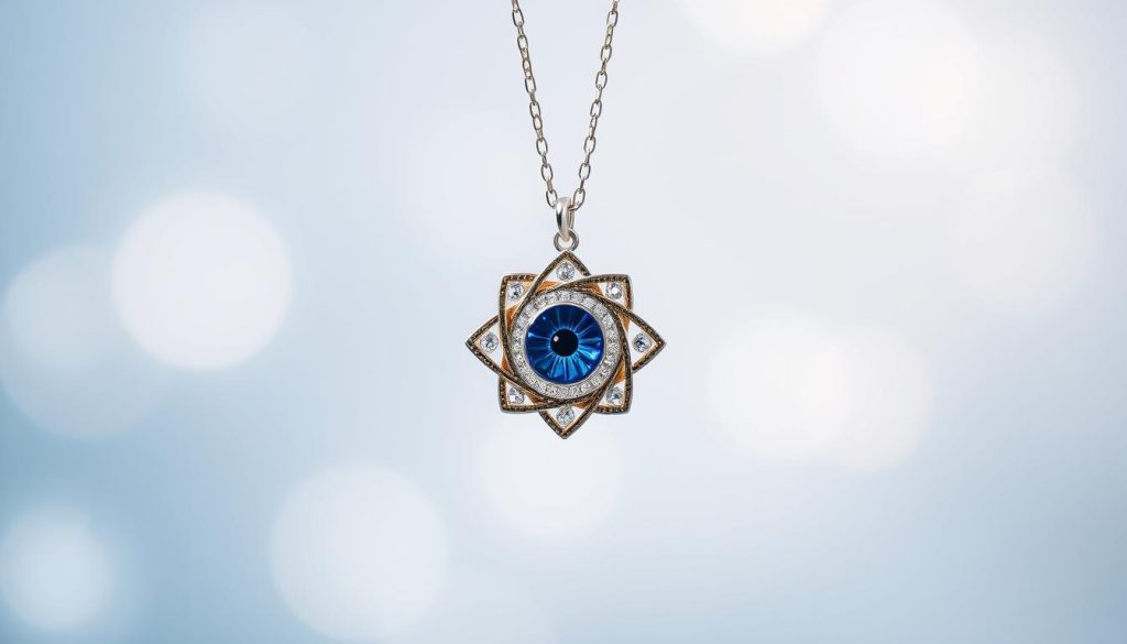 A delicate and mesmerizing evil eye necklace floats against a serene backdrop. The focal point is the intricate pendant, crafted with precision and adorned with shimmering hues of blue, gold, and white. The layered design creates depth and dimension, drawing the eye inward towards the protective symbol. Soft, diffused lighting envelops the necklace, imbuing it with a calming, almost ethereal quality. The necklace is captured from a slightly elevated angle, highlighting its graceful silhouette and the way it rests delicately upon the wearer's skin. An atmosphere of tranquility and subtle elegance pervades the scene, reflecting the necklace's ability to soothe the senses and shield the wearer's positive energy. A delicate and mesmerizing evil eye necklace floats against a serene backdrop. The focal point is the intricate pendant, crafted with precision and adorned with shimmering hues of blue, gold, and white. The layered design creates depth and dimension, drawing the eye inward towards the protective symbol. Soft, diffused lighting envelops the necklace, imbuing it with a calming, almost ethereal quality. The necklace is captured from a slightly elevated angle, highlighting its graceful silhouette and the way it rests delicately upon the wearer's skin. An atmosphere of tranquility and subtle elegance pervades the scene, reflecting the necklace's ability to soothe the senses and shield the wearer's positive energy.