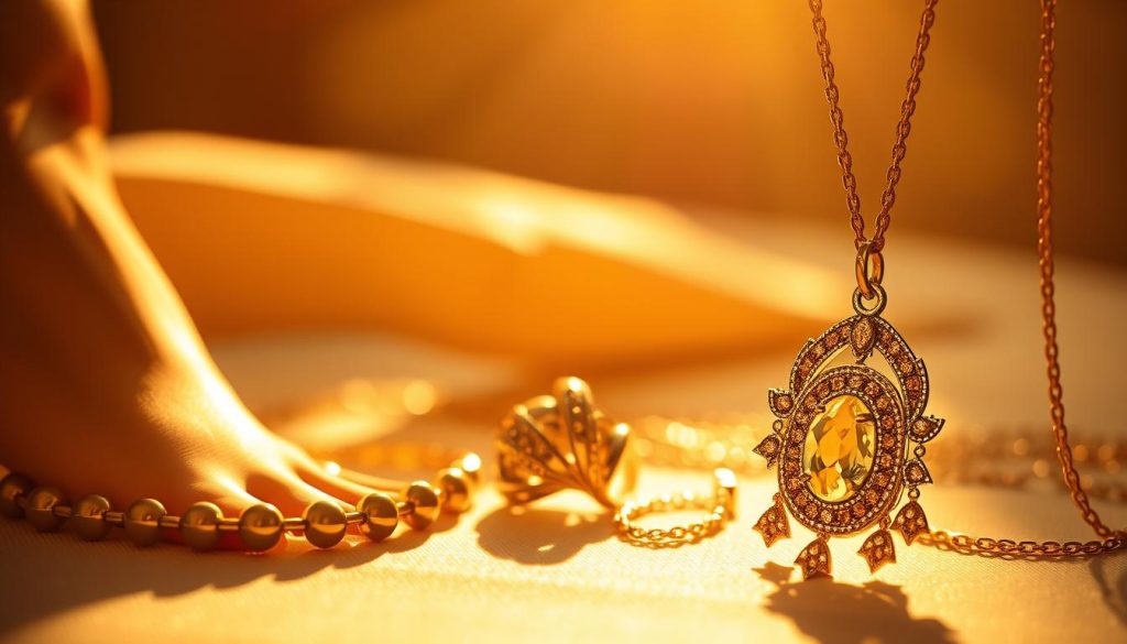 A delicate arrangement of gleaming statement jewelry, bathed in warm, golden light. In the foreground, a carefully curated set of accessories - a delicate anklet, a slender bracelet, a bold ring, and a captivating necklace with a mesmerizing pendant. The jewelry pieces are meticulously crafted, each with intricate details that catch the light, creating a sense of elegance and sophistication. The middle ground features a softly blurred background, allowing the jewelry to take center stage, while the lighting casts gentle shadows, adding depth and dimension to the composition. The overall atmosphere is one of refined beauty, inviting the viewer to imagine the confidence and style of the wearer. A delicate arrangement of gleaming statement jewelry, bathed in warm, golden light. In the foreground, a carefully curated set of accessories - a delicate anklet, a slender bracelet, a bold ring, and a captivating necklace with a mesmerizing pendant. The jewelry pieces are meticulously crafted, each with intricate details that catch the light, creating a sense of elegance and sophistication. The middle ground features a softly blurred background, allowing the jewelry to take center stage, while the lighting casts gentle shadows, adding depth and dimension to the composition. The overall atmosphere is one of refined beauty, inviting the viewer to imagine the confidence and style of the wearer.