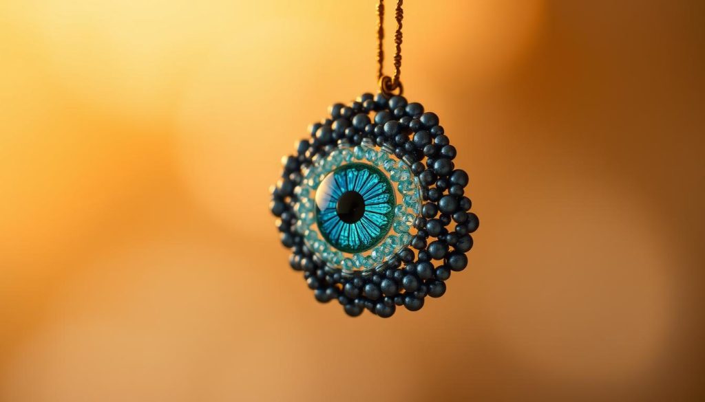 A delicate, beautifully handcrafted beaded evil eye amulet, its iridescent blues and greens shimmering under warm, soft lighting. The eye is rendered with intricate detail, its piercing gaze radiating an aura of protection and mystique. The beads are arranged in an elegant, symmetrical pattern, creating a captivating texture that invites the viewer to trace its curves with their fingertips. The amulet is suspended against a hazy, dreamlike background, evoking a sense of tranquility and spiritual significance. This thoughtful, artisanal accessory embodies the power of the evil eye to ward off harm and bring good fortune to its wearer. A delicate, beautifully handcrafted beaded evil eye amulet, its iridescent blues and greens shimmering under warm, soft lighting. The eye is rendered with intricate detail, its piercing gaze radiating an aura of protection and mystique. The beads are arranged in an elegant, symmetrical pattern, creating a captivating texture that invites the viewer to trace its curves with their fingertips. The amulet is suspended against a hazy, dreamlike background, evoking a sense of tranquility and spiritual significance. This thoughtful, artisanal accessory embodies the power of the evil eye to ward off harm and bring good fortune to its wearer.