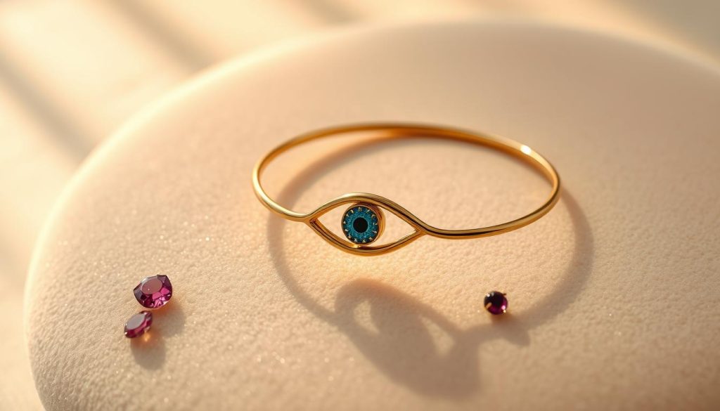 A delicate evil eye bangle in 14k gold, reflecting the light with a captivating gleam. The bangle sits atop a soft, velvet-like surface, casting a warm, inviting glow. The eye, rendered in intricate detail, appears to peer outwards, radiating a sense of mysticism and protection. Surrounding the bangle, a scattering of precious gems adds a touch of opulence, while carefully placed shadows and highlights accentuate the bangle's elegant curves. The composition is clean, allowing the bangle to be the focal point, with a subtle, atmospheric background that complements the overall mood.