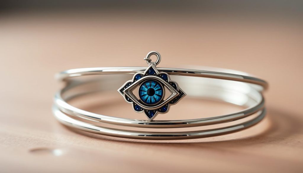 A delicate evil eye charm, positioned in the foreground, crafted with intricate blue and silver hues. The eye is rendered with fine detail, its gaze both captivating and unsettling. In the middle ground, the charm is elegantly stacked and layered with sleek silver bangles, creating a chic, minimalist aesthetic. The background features a soft, hazy gradient, drawing the viewer's focus to the striking centerpiece. Subtle highlights and shadows accentuate the dimensional quality of the jewelry, while the overall mood is one of refined mysticism and allure. A delicate evil eye charm, positioned in the foreground, crafted with intricate blue and silver hues. The eye is rendered with fine detail, its gaze both captivating and unsettling. In the middle ground, the charm is elegantly stacked and layered with sleek silver bangles, creating a chic, minimalist aesthetic. The background features a soft, hazy gradient, drawing the viewer's focus to the striking centerpiece. Subtle highlights and shadows accentuate the dimensional quality of the jewelry, while the overall mood is one of refined mysticism and allure.