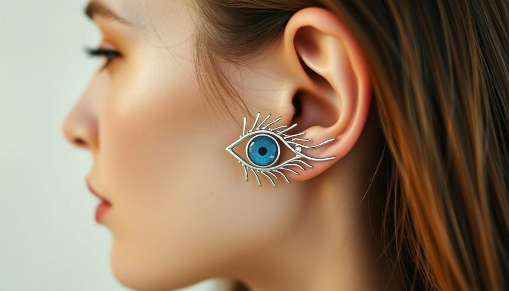 A delicate eye ear cuff in a serene blue hue, its intricate metallic design evoking a sense of calm and elegance. The piece is crafted with precision, the silver tones glinting softly under warm, diffused lighting. The cuff rests gracefully on the model's ear, a subtle yet impactful accessory that exudes a sense of effortless sophistication. The background is a soft, muted palette, allowing the stunning silver and blue details to take center stage. This striking yet wearable piece embodies the essence of the "Blue calm. Silver chic. Protection you can wear every day" theme, a timeless and versatile accessory that blends style and subtle, symbolic meaning.
