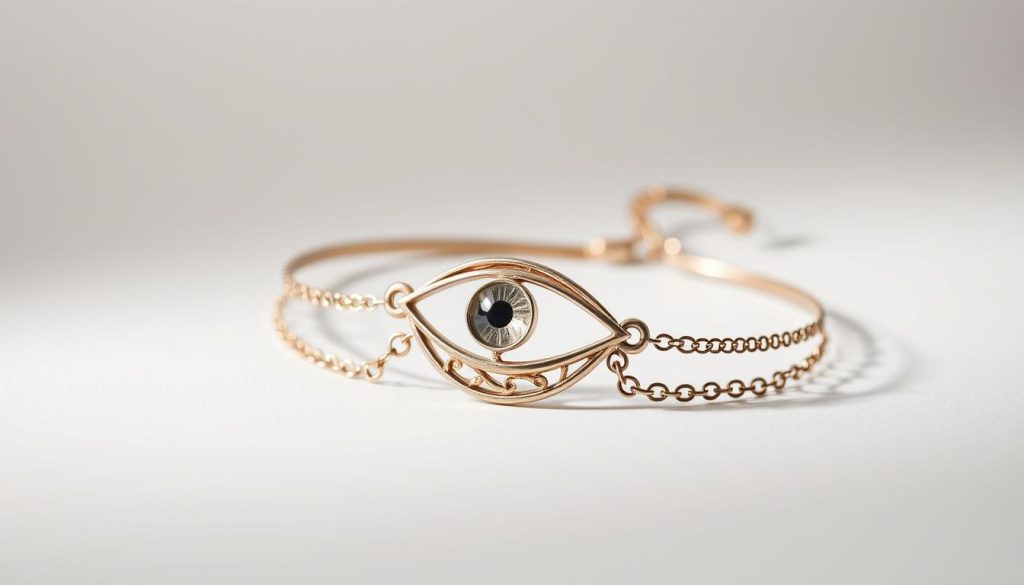 A delicate eye-shaped bracelet, crafted with intricate metalwork and a sleek, layered chain design. The eye motif is prominently featured, its captivating gaze accentuated by a subtle shimmering finish. The bracelet is displayed against a clean, minimalist background, allowing the craftsmanship and style to take center stage. Soft, diffused lighting creates a sense of refinement and elegance, highlighting the bracelet's versatility for effortless stacking and layering with other accessories. The overall mood is one of understated sophistication, reflecting the section's focus on customizing the look to suit individual style preferences.
