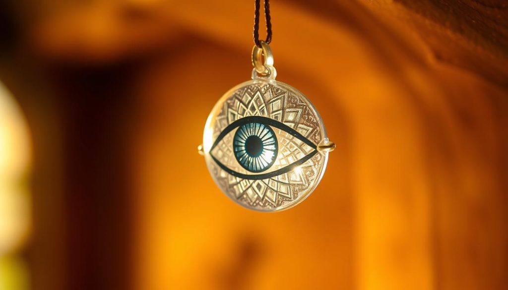 A delicate glass eye amulet, its intricate patterns casting a mesmerizing glow, suspended against a backdrop of warm, earthy tones. The eye's pupil appears to follow the viewer's gaze, a symbolic guardian against negative energies. Soft, diffused lighting illuminates the amulet, creating a serene, contemplative atmosphere. The composition is balanced, with the eye element positioned centrally, surrounded by a halo of ethereal light. The overall effect evokes a sense of spiritual protection and the importance of honoring one's personal beliefs and boundaries. A delicate glass eye amulet, its intricate patterns casting a mesmerizing glow, suspended against a backdrop of warm, earthy tones. The eye's pupil appears to follow the viewer's gaze, a symbolic guardian against negative energies. Soft, diffused lighting illuminates the amulet, creating a serene, contemplative atmosphere. The composition is balanced, with the eye element positioned centrally, surrounded by a halo of ethereal light. The overall effect evokes a sense of spiritual protection and the importance of honoring one's personal beliefs and boundaries.