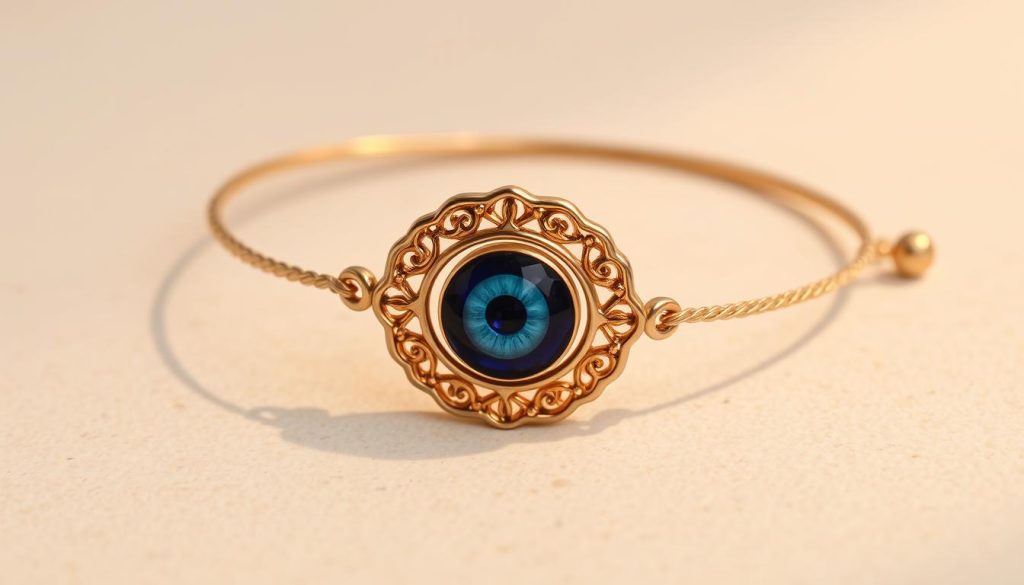A delicate, handcrafted evil eye bracelet rests on a soft, beige background. The bracelet features an intricate, deep blue eye charm encircled by intricate gold patterns, reflecting light and casting gentle shadows. The design is both modern and ancient, exuding a mystical, protective aura. The bracelet is photographed from a slight angle, emphasizing its elegant curves and the depth of the eye motif. Warm, diffused lighting illuminates the piece, creating a serene, contemplative atmosphere.