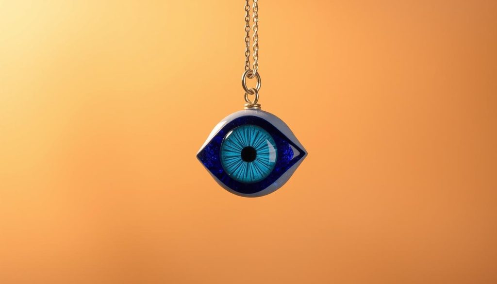 A delicate, handcrafted evil eye pendant suspended against a soft, warm background. The eye, rendered in intricate detail with shimmering blues and deep indigos, emanates a sense of protection and ancient wisdom. The jewelry piece is illuminated by a gentle, diffused light, casting subtle shadows and highlights that accentuate its three-dimensional form. The overall composition conveys a feeling of reverence and tranquility, inviting the viewer to appreciate the cultural significance and craftsmanship of this traditional talisman. A delicate, handcrafted evil eye pendant suspended against a soft, warm background. The eye, rendered in intricate detail with shimmering blues and deep indigos, emanates a sense of protection and ancient wisdom. The jewelry piece is illuminated by a gentle, diffused light, casting subtle shadows and highlights that accentuate its three-dimensional form. The overall composition conveys a feeling of reverence and tranquility, inviting the viewer to appreciate the cultural significance and craftsmanship of this traditional talisman.