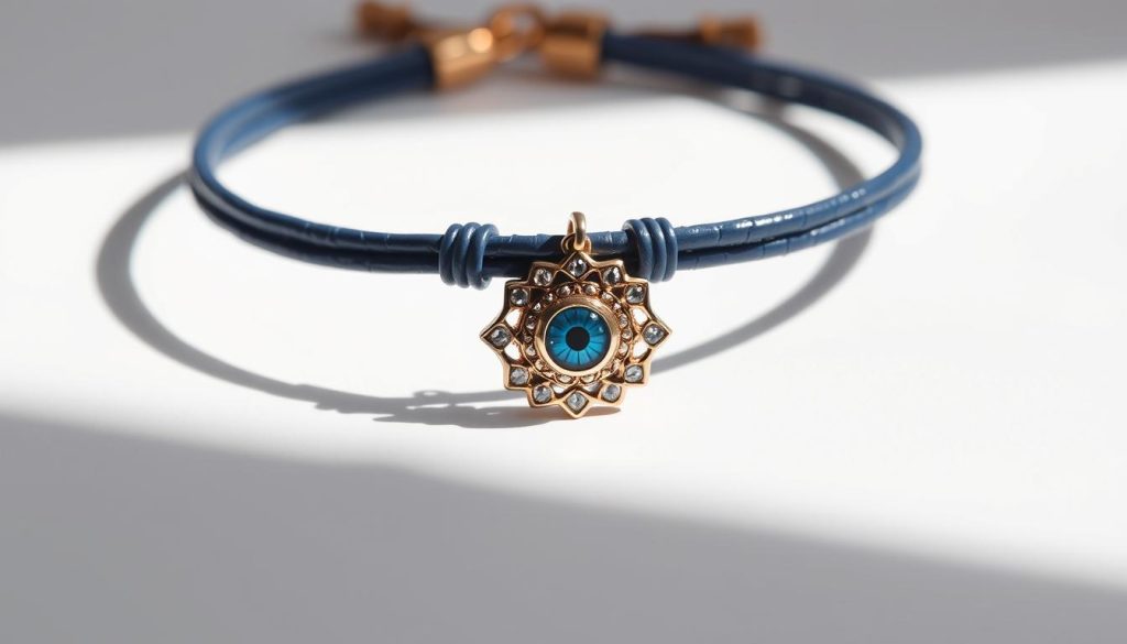A delicate, intricately crafted evil eye bracelet rests on a clean, white background, its blue and gold hues gleaming under soft, natural lighting. The focal point is the intricate charm, its iconic eye shape meticulously detailed, surrounded by ornate filigree and accented with sparkling crystals. The bracelet itself is made of supple, high-quality leather, perfectly complementing the charm and drawing the eye to the center of the composition. The overall mood is elegant, refined, and subtly mystical, capturing the essence of this distinctive accessory that effortlessly completes any look. A delicate, intricately crafted evil eye bracelet rests on a clean, white background, its blue and gold hues gleaming under soft, natural lighting. The focal point is the intricate charm, its iconic eye shape meticulously detailed, surrounded by ornate filigree and accented with sparkling crystals. The bracelet itself is made of supple, high-quality leather, perfectly complementing the charm and drawing the eye to the center of the composition. The overall mood is elegant, refined, and subtly mystical, capturing the essence of this distinctive accessory that effortlessly completes any look.