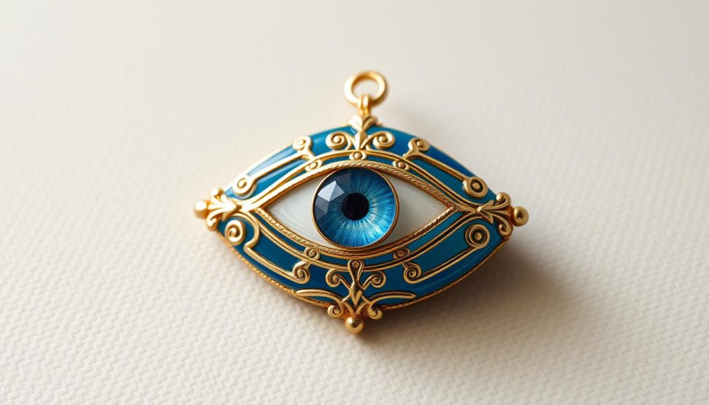 A delicate, intricately designed evil eye amulet, its azure hues and golden accents gleaming under soft, diffused lighting. The focal point is the piercing, enigmatic gaze of the eye, surrounded by intricate filigree patterns and subtle floral motifs. The amulet is set against a neutral, minimalist background, allowing the symbol to take center stage. The composition is balanced, with the eye drawing the viewer's attention while the delicate details and luxurious materials suggest an air of sophistication and elegance. This symbolic talisman embodies the idea of using the power of intention and intention to protect oneself, presented in a visually striking and stylish manner. A delicate, intricately designed evil eye amulet, its azure hues and golden accents gleaming under soft, diffused lighting. The focal point is the piercing, enigmatic gaze of the eye, surrounded by intricate filigree patterns and subtle floral motifs. The amulet is set against a neutral, minimalist background, allowing the symbol to take center stage. The composition is balanced, with the eye drawing the viewer's attention while the delicate details and luxurious materials suggest an air of sophistication and elegance. This symbolic talisman embodies the idea of using the power of intention and intention to protect oneself, presented in a visually striking and stylish manner.