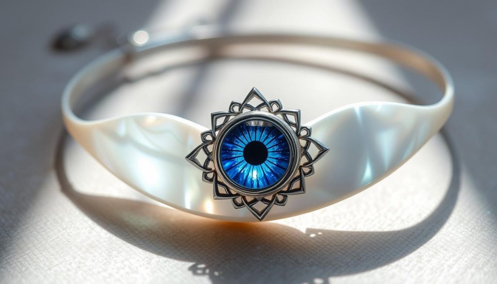 A delicate mother-of-pearl bracelet, its surface shimmering with an ethereal glow. Nestled within, a captivating evil eye charm, its vivid azure hue radiating a mystical power. Intricate filigree work in gleaming silver frames the mesmerizing eye, lending an air of ancient mysticism. Soft, diffused lighting bathes the bracelet, casting gentle shadows that accentuate its curvaceous form. The overall composition evokes a sense of subtle elegance and protective energy, a talisman against dark forces.