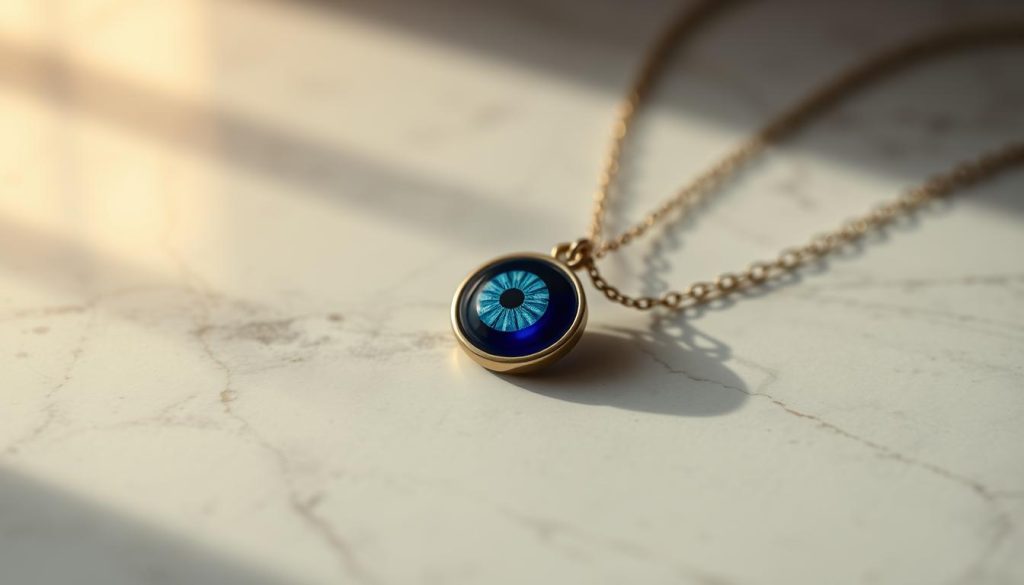A delicate, personalized evil eye necklace rests on a smooth, marble surface, casting a protective gaze. The eye pendant is crafted with intricate details, its midnight-blue hue contrasting against the warm, ambient lighting that casts gentle shadows. The necklace's chain is slender and elegant, drawing the viewer's attention to the symbolic talisman. The overall scene exudes an aura of refined, everyday elegance, capturing the essence of personalized protection. A delicate, personalized evil eye necklace rests on a smooth, marble surface, casting a protective gaze. The eye pendant is crafted with intricate details, its midnight-blue hue contrasting against the warm, ambient lighting that casts gentle shadows. The necklace's chain is slender and elegant, drawing the viewer's attention to the symbolic talisman. The overall scene exudes an aura of refined, everyday elegance, capturing the essence of personalized protection.