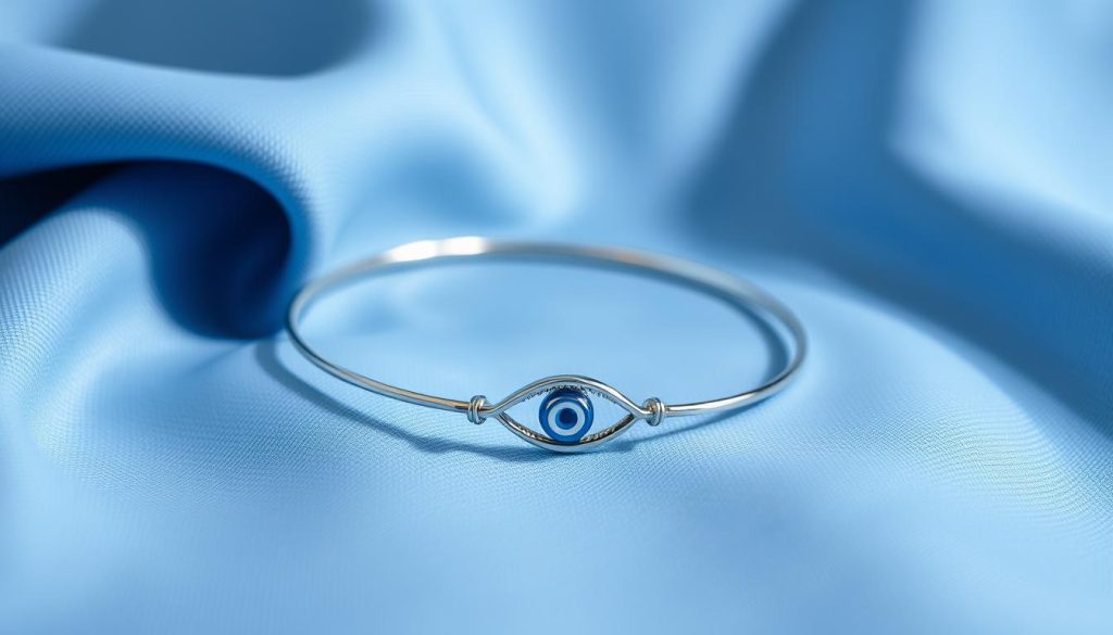 A delicate silver bracelet adorned with a captivating eye motif, resting gracefully on a soft blue fabric backdrop. The eye design is meticulously crafted, with intricate details that capture the essence of the "evil eye" symbol. The bracelet is positioned in the foreground, casting a subtle reflection on the smooth fabric surface. Diffused studio lighting illuminates the scene, creating a serene and sophisticated atmosphere. The overall composition emphasizes the harmonious pairing of the blue and silver tones, perfectly embodying the "How to style the duo: blue for calm, silver for chic" theme. A delicate silver bracelet adorned with a captivating eye motif, resting gracefully on a soft blue fabric backdrop. The eye design is meticulously crafted, with intricate details that capture the essence of the "evil eye" symbol. The bracelet is positioned in the foreground, casting a subtle reflection on the smooth fabric surface. Diffused studio lighting illuminates the scene, creating a serene and sophisticated atmosphere. The overall composition emphasizes the harmonious pairing of the blue and silver tones, perfectly embodying the "How to style the duo: blue for calm, silver for chic" theme.