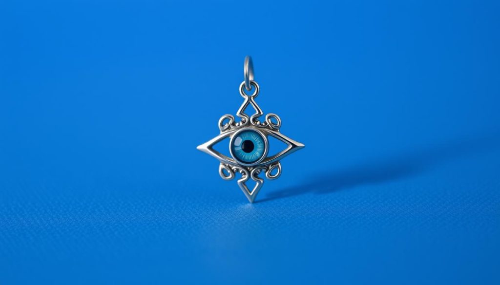 A delicate silver evil eye charm, crafted with intricate filigree and set against a serene blue backdrop. Soft, ambient lighting creates a sense of tranquility, while the sharp, angular design of the eye conveys a subtle hint of mysticism. The charm is positioned in the center of the frame, drawing the viewer's gaze with its mesmerizing gaze. The overall composition is balanced and harmonious, reflecting a sense of intentional, chic styling. A delicate silver evil eye charm, crafted with intricate filigree and set against a serene blue backdrop. Soft, ambient lighting creates a sense of tranquility, while the sharp, angular design of the eye conveys a subtle hint of mysticism. The charm is positioned in the center of the frame, drawing the viewer's gaze with its mesmerizing gaze. The overall composition is balanced and harmonious, reflecting a sense of intentional, chic styling.