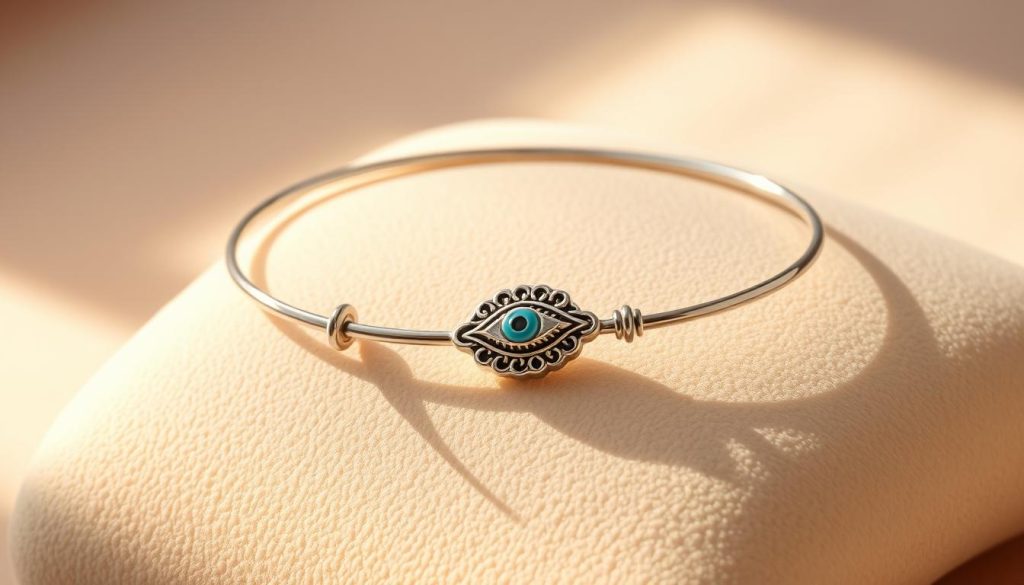 A delicate sterling silver bracelet with a prominent evil eye charm resting on a soft, velvety surface. The eye's detailed iris and lashes captivate, surrounded by a intricate filigree setting. Warm, directional lighting accentuates the bracelet's lustrous sheen, casting gentle shadows that highlight its elegant curvature. The background is a serene, neutral tone, allowing the silver's beauty to take center stage. The composition is balanced, drawing the viewer's attention to the thoughtfully crafted evil eye design - a perfect accessory to ward off negative energy and promote well-being.