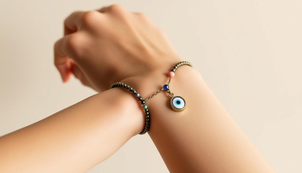 A delicate yet powerful evil eye bracelet, crafted with intricate beadwork and a striking glass eye charm. The bracelet is elegantly positioned on a female wrist, capturing the essence of the section "Shop the Look: Bracelets to Wear Left, Right, or Both". The lighting is soft and natural, highlighting the bracelet's intricate details and the model's skin. The background is a simple, neutral tone, allowing the bracelet to be the focal point of the image. The overall mood is one of mystique and subtle protection, reflecting the article's subject of "Which Hand To Wear An Evil Eye Bracelet If You're Female". A delicate yet powerful evil eye bracelet, crafted with intricate beadwork and a striking glass eye charm. The bracelet is elegantly positioned on a female wrist, capturing the essence of the section "Shop the Look: Bracelets to Wear Left, Right, or Both". The lighting is soft and natural, highlighting the bracelet's intricate details and the model's skin. The background is a simple, neutral tone, allowing the bracelet to be the focal point of the image. The overall mood is one of mystique and subtle protection, reflecting the article's subject of "Which Hand To Wear An Evil Eye Bracelet If You're Female".