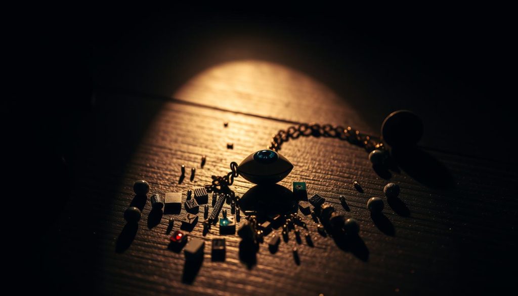 A delicate yet powerful evil eye bracelet lies shattered on a dark wooden surface, its beads and charms scattered around. The bracelet is backlit by a soft, warm glow, casting intricate shadows that add depth and drama to the scene. The lighting is moody and atmospheric, creating a sense of mystery and the uncanny. The shattered pieces of the bracelet are captured in vivid detail, each bead and charm telling a story of its own. The overall composition draws the viewer's eye to the center of the frame, focusing their attention on the broken talisman and its symbolic significance. A delicate yet powerful evil eye bracelet lies shattered on a dark wooden surface, its beads and charms scattered around. The bracelet is backlit by a soft, warm glow, casting intricate shadows that add depth and drama to the scene. The lighting is moody and atmospheric, creating a sense of mystery and the uncanny. The shattered pieces of the bracelet are captured in vivid detail, each bead and charm telling a story of its own. The overall composition draws the viewer's eye to the center of the frame, focusing their attention on the broken talisman and its symbolic significance.