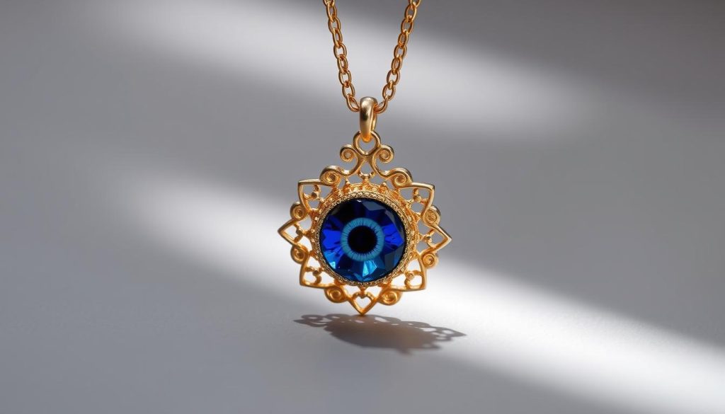 A delicate yet powerful evil eye pendant, crafted with intricate details that captivate the eye. The focal point, a deep blue gemstone, radiates an intense gaze, symbolizing protection and warding off negative energy. Surrounding the eye, a halo of shimmering gold filigree creates an ethereal, celestial effect, evoking a sense of ancient mysticism. The pendant hangs from a sleek, minimalist chain, its simple elegance allowing the eye to take center stage. Soft, diffused lighting casts gentle shadows, highlighting the pendant's three-dimensional form and lending an air of sophistication. This piece seamlessly blends traditional symbolism with contemporary design, embodying the essence of protection meeting style.